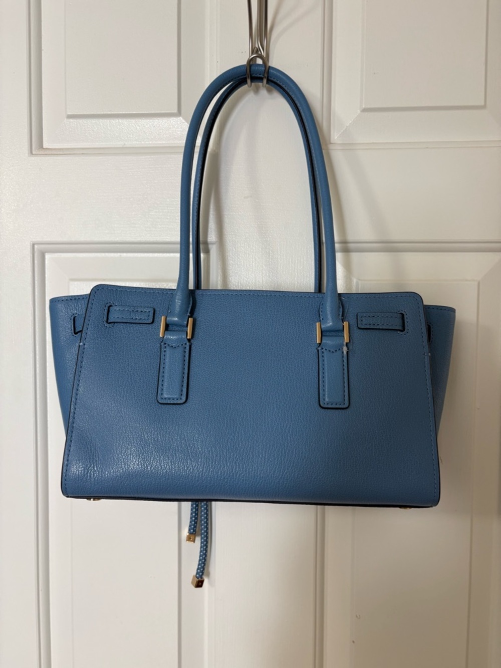 Michael Kors Bright Blue Hamilton Moderne Leather Shoulder Tote Gold Accents - Picture 4 of 5